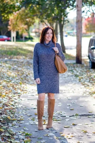 Heather Grey Turtleneck Sweater Dress with Camel Suede Knee High Boots