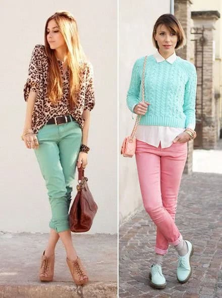 Sky Blue Cable Knit Cropped Sweater with White Shirt & Pink Jeans