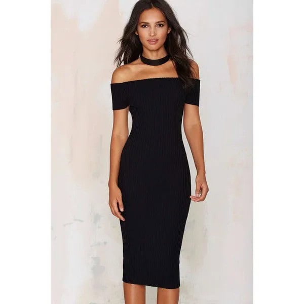 Black Ribbed Bodycon Midi Dress with Choker