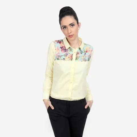 Pale Yellow Floral Printed Shirt with Black Skinny Jeans