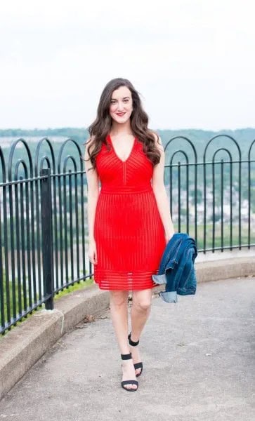 Red Sleeveless V Neck Mini Semi-Sheer Dress