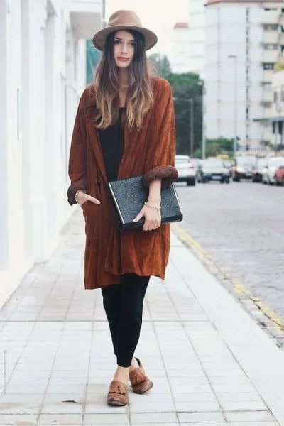 Light Brown Felt Hat with Suede Relaxed Fit Long Coat