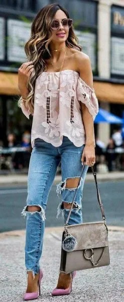 White Off The Shoulder Floral Embroidered Top with Boyfriend Jeans