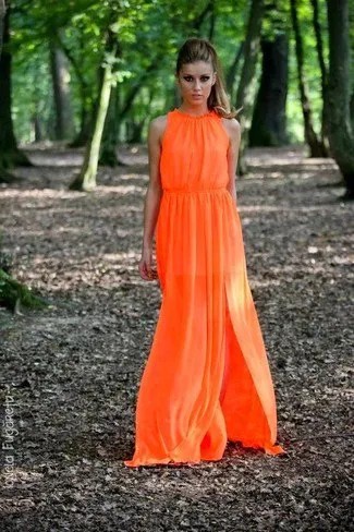 Orange Sleeveless Gathered Waist Floor Length Dress