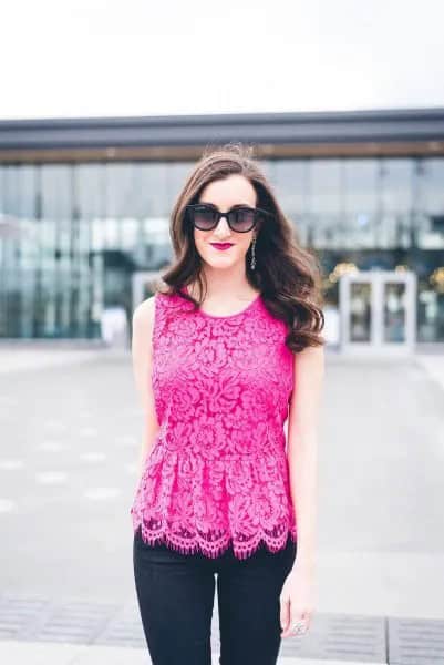 Neon Pink Lace Peplum Top with Black Jeans