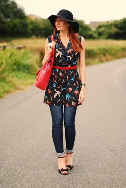 Navy Printed Belted Tunic Dress with Cuffed Jeans