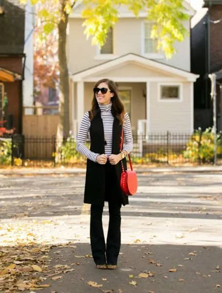 Wear with Black and White Striped Mock Neck Long Sleeve Tee