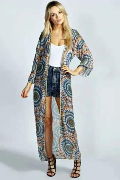 Rainbow Color Tribal Printed Long Sheer Kimono