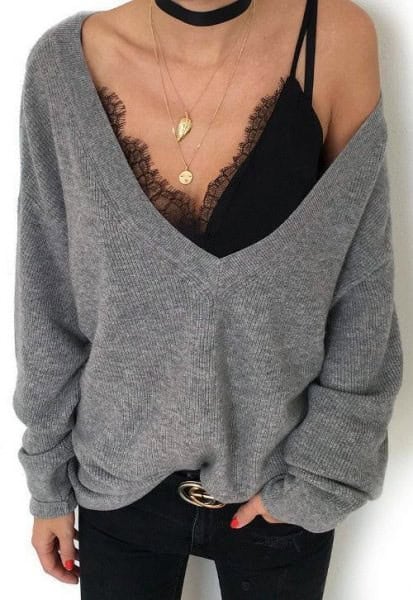 Wear with Grey Deep V Neck Oversized Sweater