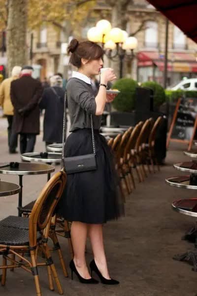 White Button Up Shirt with Grey Sweater & Black Skirt