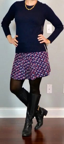 Black Scoop Neck Sweater with Printed Mini Skirt & Knee High Zipper Boots