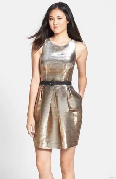 Silver Metallic Belted Pleated Mini Tulip Dress