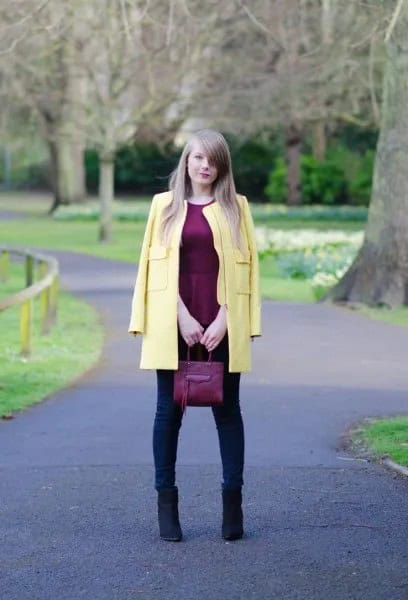 Pale Yellow Coat with Black Silk Peplum Top