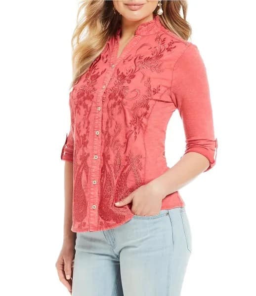 Floral Embroidered Shirt with Light Blue Skinny Jeans