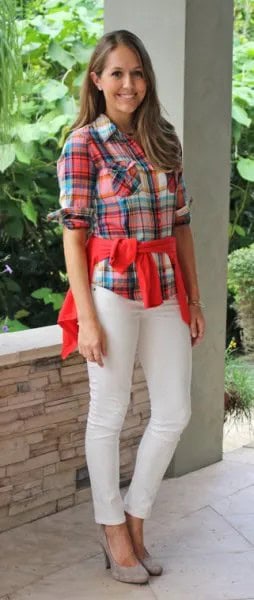 Red and Blue Plaid Boyfriend Shirt with Off White Jeans