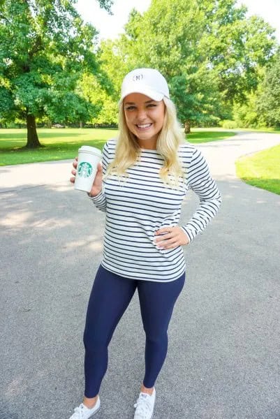 Navy Blue and White Striped Long Sleeve Tee with Tights & Baseball Cap