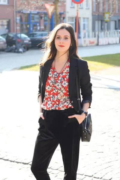 Red Floral Blouse with Black Blazer