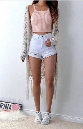 Pale Pink Ribbed Vest Top with White Mini Denim Shorts