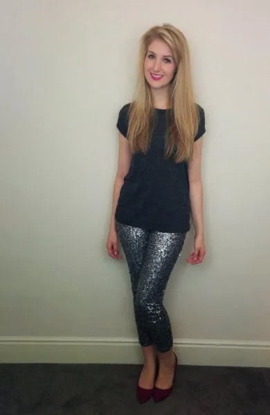 Black Cap Sleeve Tee with Sequin Leggings