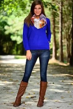 Royal Blue Sweater with Floral Printed Silk Scarf & Knee High Boots