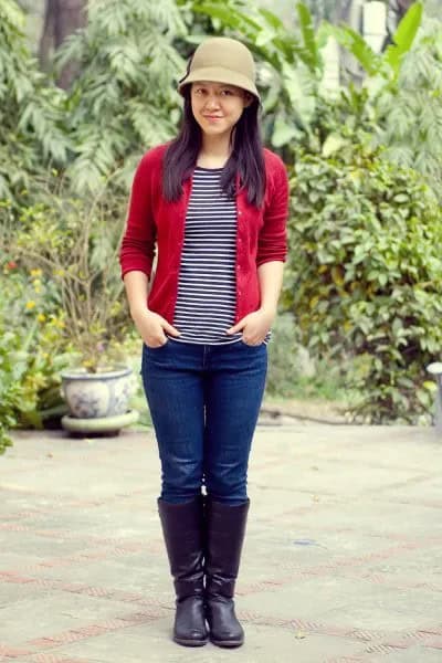 Red Cardigan with Black and White Striped Tee & Bucket Hat