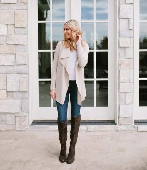 Pale Pink Long Waterfall Cardigan with White Tank top & Black Knee High Boots