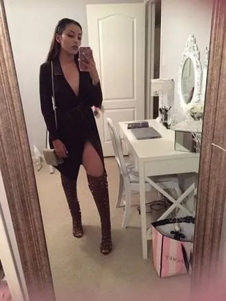 Black Deep V Neck High Split Midi Dress with Knee High Boots