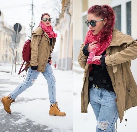 Crepe Parka Jacket with Ripped Boyfriend Jeans