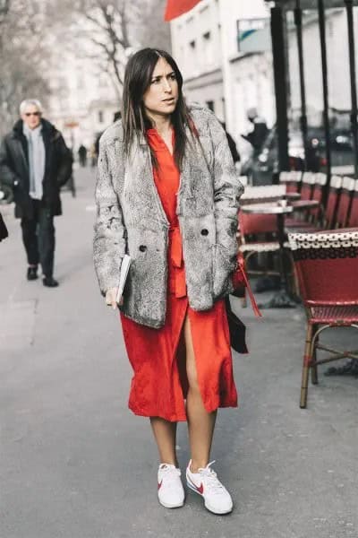 Grey Faux Fur Coat with Orange Midi Dress & White Walking Tennis Shoes