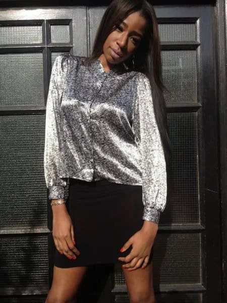 Silver Metallic Button Up Blouse with Black Mini Skirt