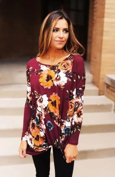 Green Long Sleeve Floral Printed Twist Front Top with Black Skinny Jeans