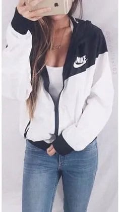 Black Windbreaker with White Low Scoop Neck Tank Top