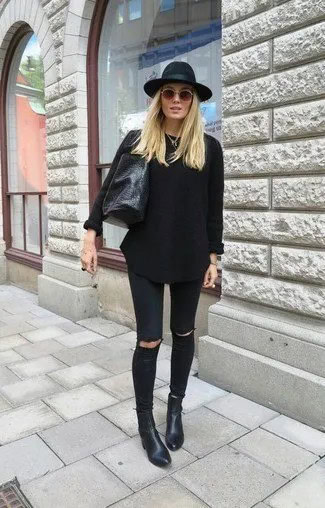 Black Knit Pullover Sweater with Matching Jeans & Leather Ankle Boots