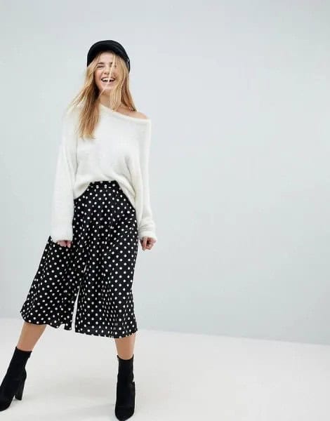 White Sweater with Black Polka Dot Wide Leg Culotte Pants