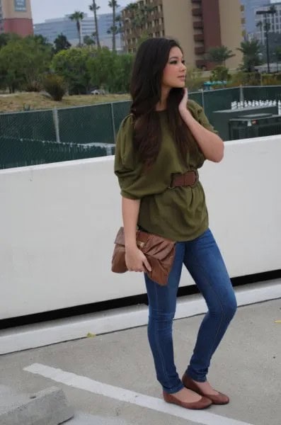 Green Half Sleeve Blouse with Blue Skinny Jeans & Flats