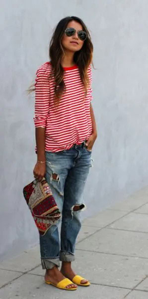 Half Sleeve Red and White Striped T Shirt with Ripped Boyfriend Jeans