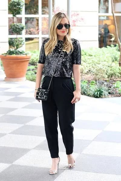 Black Sequin Top with Relaxed Fit Dress Pants