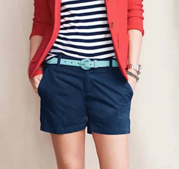 Red Blazer with Striped Tee & Navy Blue Chino Shorts