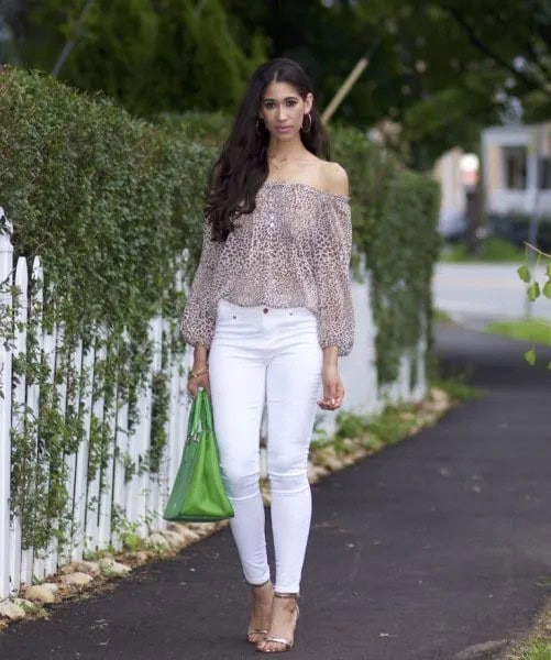 Off The Shoulder Leopard Print Top with White Skinny Jeans