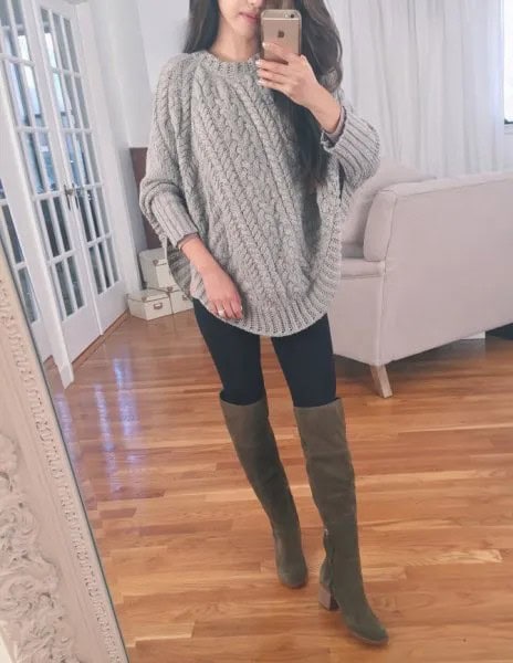 Grey Chunky Cable Knit Sweater with Thigh High Boots