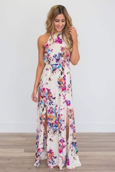 White Halter Gathered Waist Floral Double Slit Dress