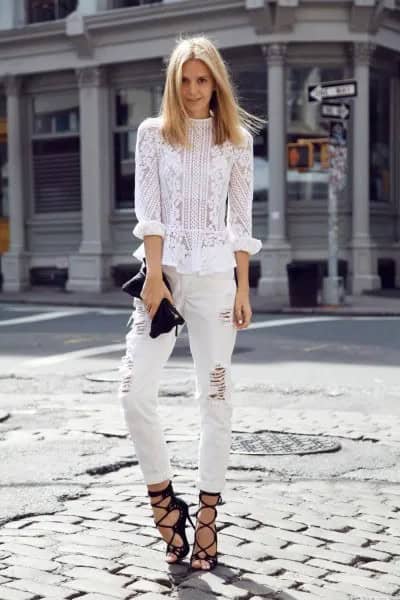 White Floral Embroidered Blouse with Ripped Jeans & Strappy Heels