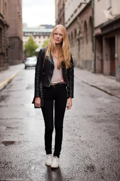 Black Leather Jacket with Pale Pink Tee & Skinny Jeans