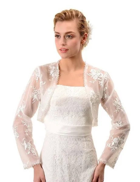 Long Sleeve White Lace Shrug with Belted Wedding Dress