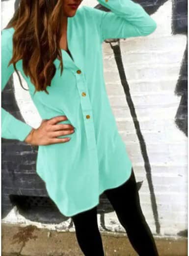 Mint Green Collarless Tunic Button Up Shirt with Black Leggings