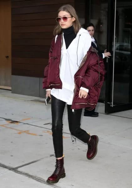 Bomber Jacket with White V Neck Tunic & Leather Winter Leggings