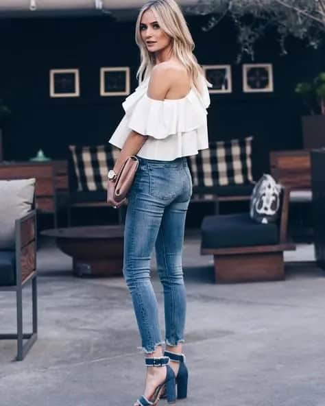 One Shoulder Ruffle Blouse with Cropped Skinny Jeans & Denim Heels