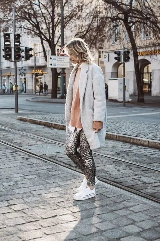 Grey Coat and Sequin Pants