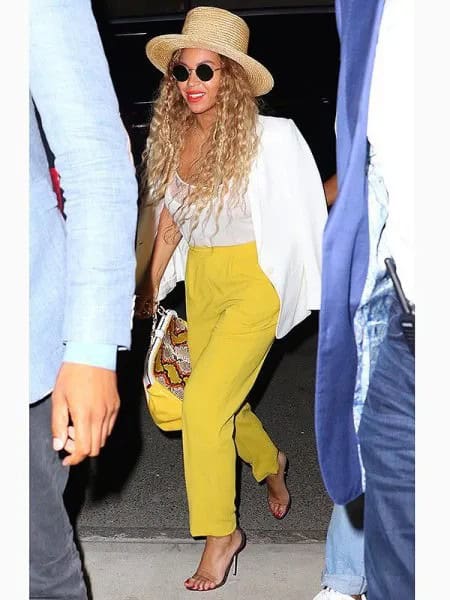 White Blazer with Mustard Yellow Straight Leg Pants & Straw Hat