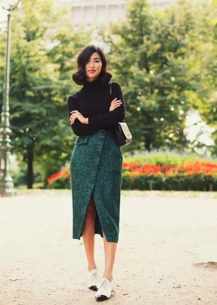 Black Turtleneck Knit Sweater with Grey Tweed Tulip Skirt